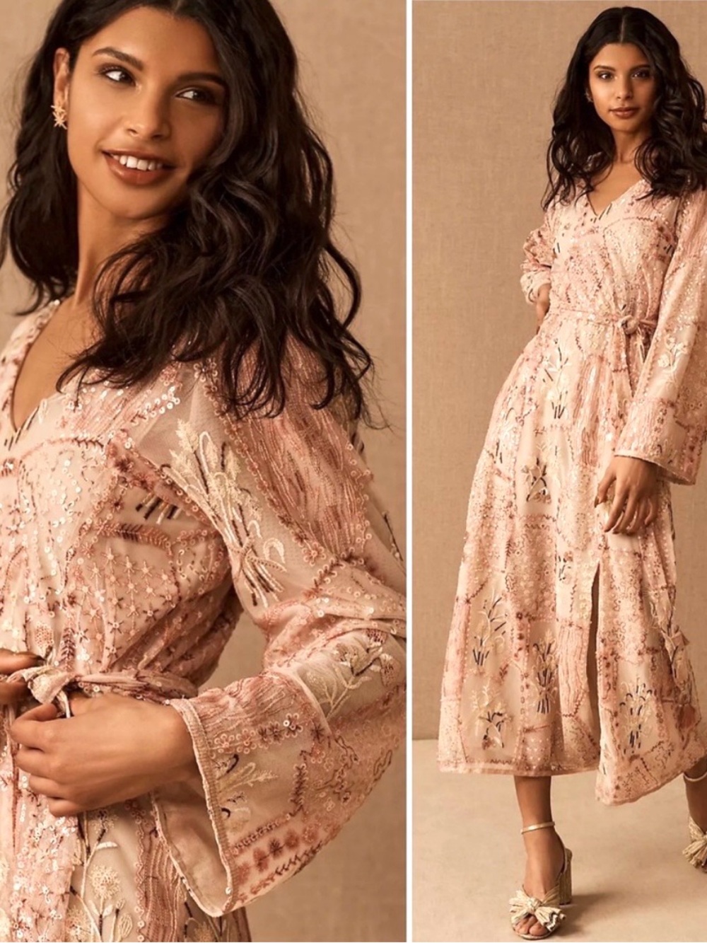 Anna Sui Blush Floral Sequins Embroidered Midi Dress SZ M NWT